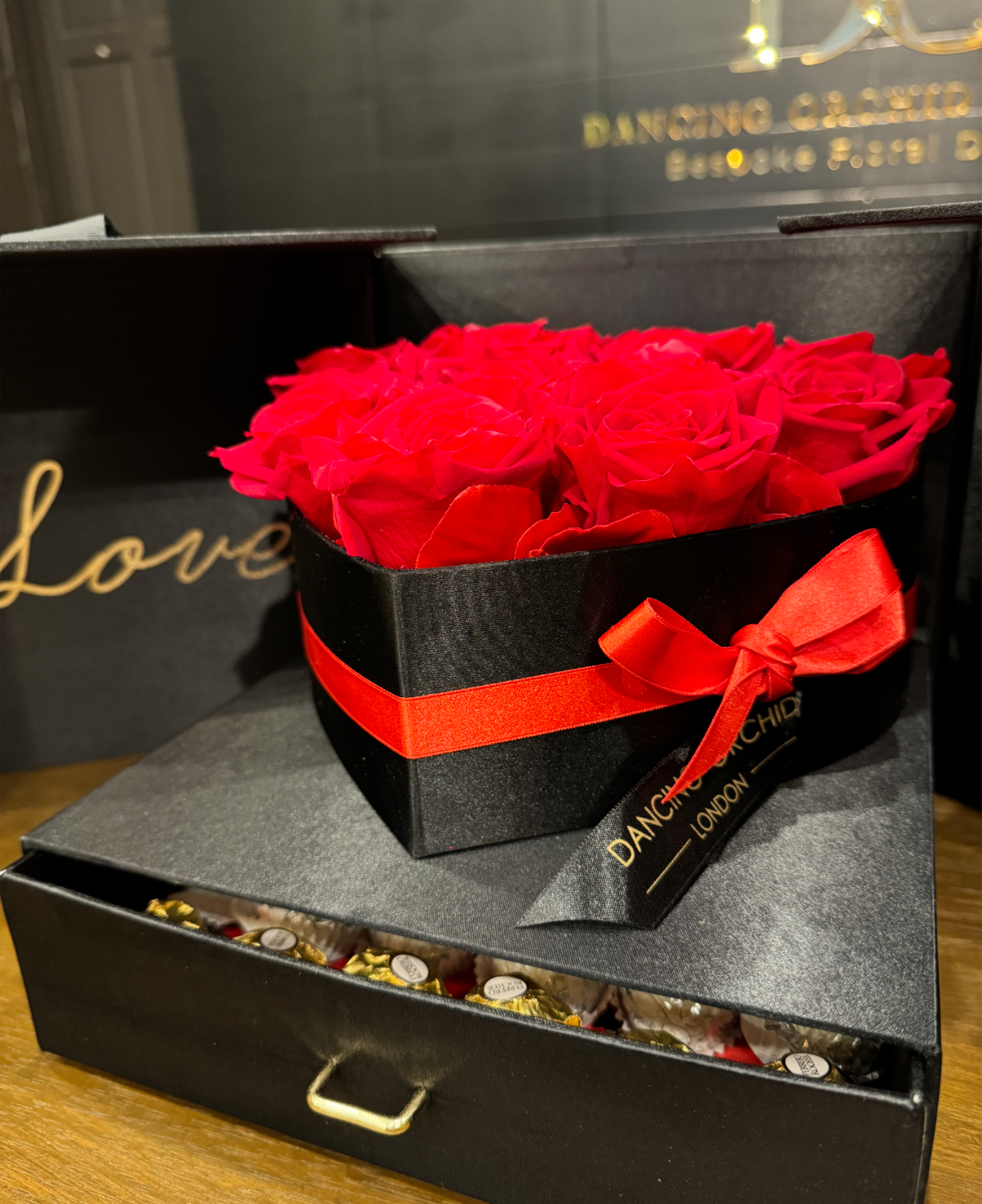 Luxury Red Rose Heart Box with Hidden Chocolate Drawer
